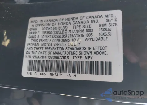 2016 Honda Cr-V Lx from USA, damaged, VIN 2HKRM4H38GH677618